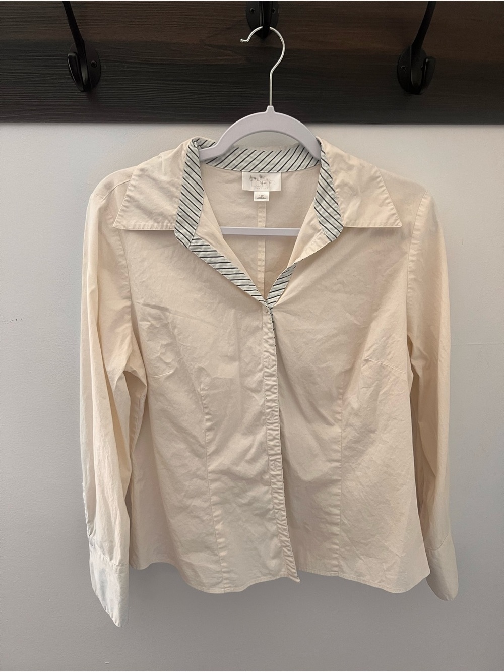LOFT Cream Blouse with Navy Pinstripe Trim